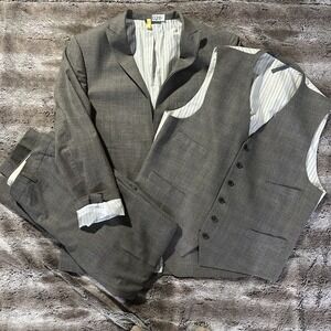John Varvatos Men's Suit Blazer Pant Vest Wool Brown Plaid 44R 36x30 Italian